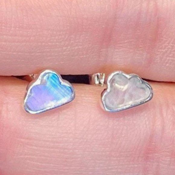Rainbow Moonstone Cloud Stud Earrings, Flashy Stone, Sterling Silver, Healing - Picture 2 of 4